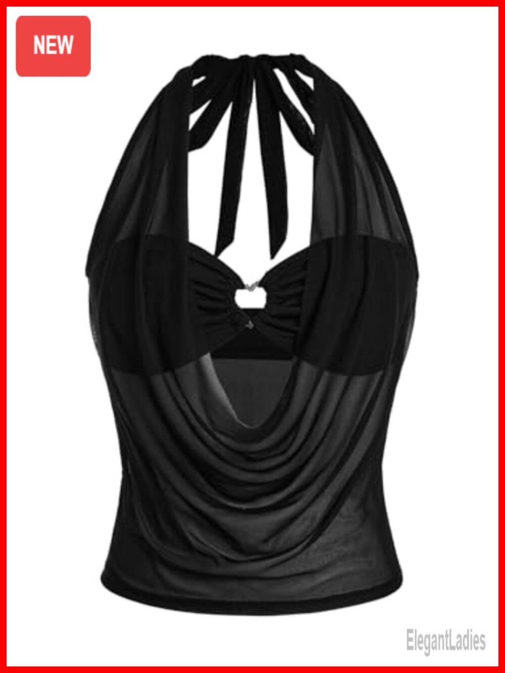 Mesh Halter Crop Top Backless Cowl Neck Ruched Y2K Party Rave Concert Top
